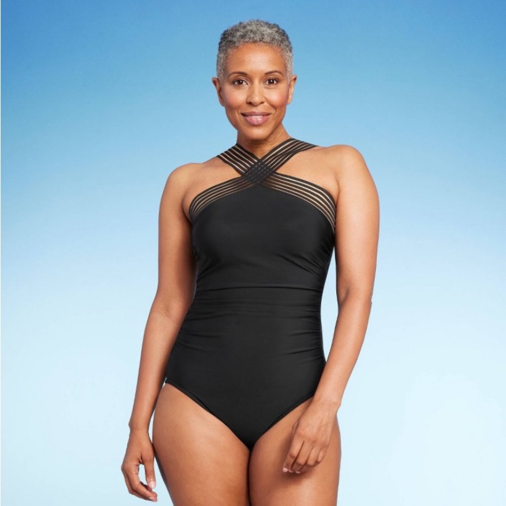 Striped Strap Crossover Neck Detail One
Piece Swimsuit Aqua Green Black S NWT